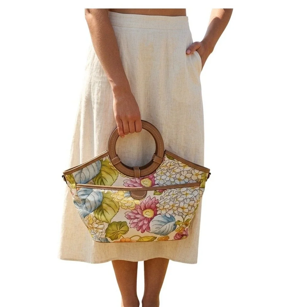 Vintage Fossil  Floral Tapestry Canvas Satchel Bag Circle Handles Tan Leather‎